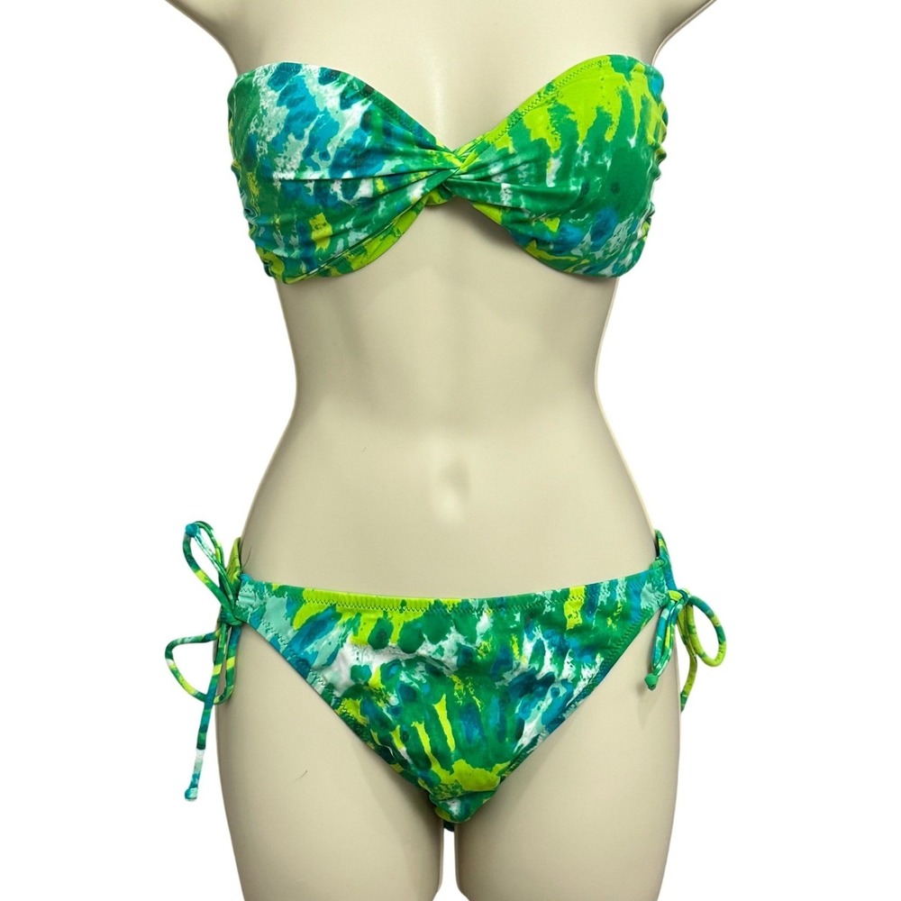Victoria's Secret Bikini Set L Green Blue Tie Dye Bandeau Side Tie Vintage 2012